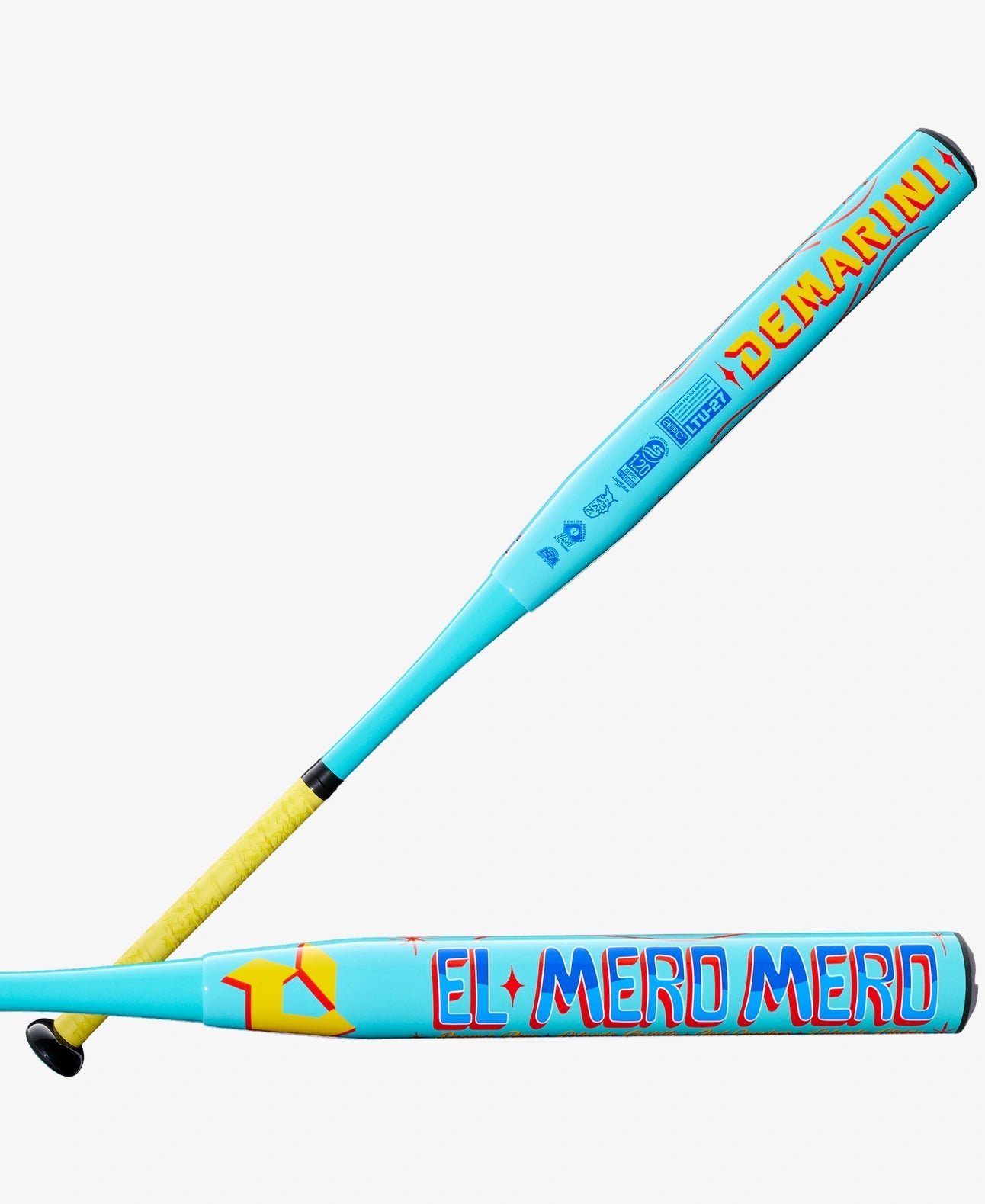 2027 DeMarini El Mero Mero slowpitch bat in turquoise and yellow