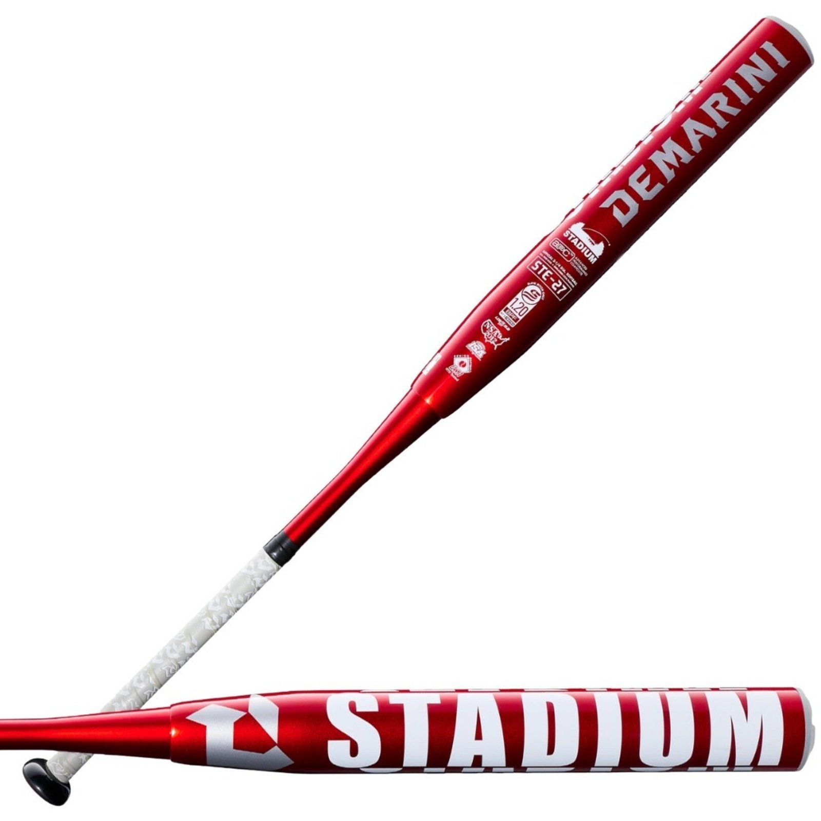2027 DeMarini Stadium End Load slowpitch bat in red and white