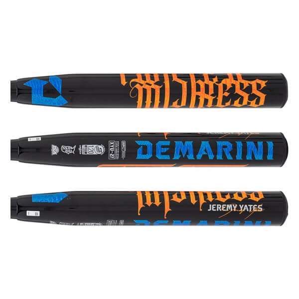 Three barrel views of the 2027 DeMarini Jeremy Yates Twisted Mistress slowpitch bat
