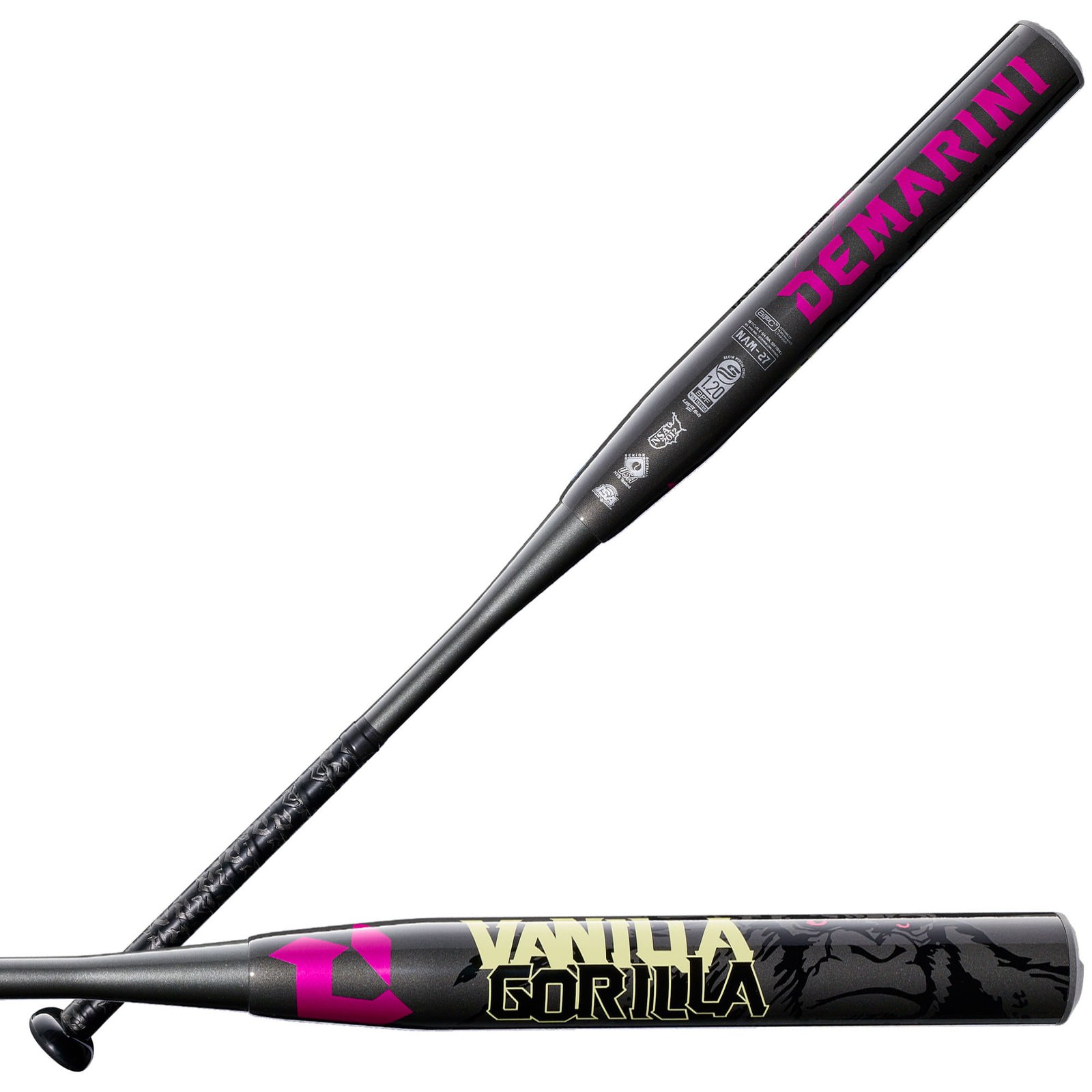 2027 DeMarini Vanilla Gorilla slowpitch bat with black barrel and magenta graphics