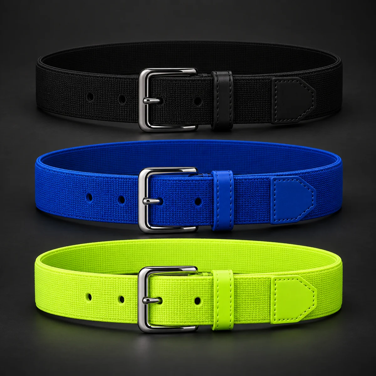 Black, royal blue and volt custom baseball and softball athletic belts.