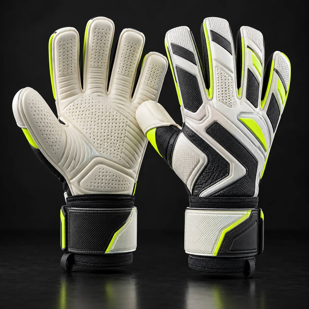 White, charcoal and volt custom soccer goalkeeper gloves with large grip palms.