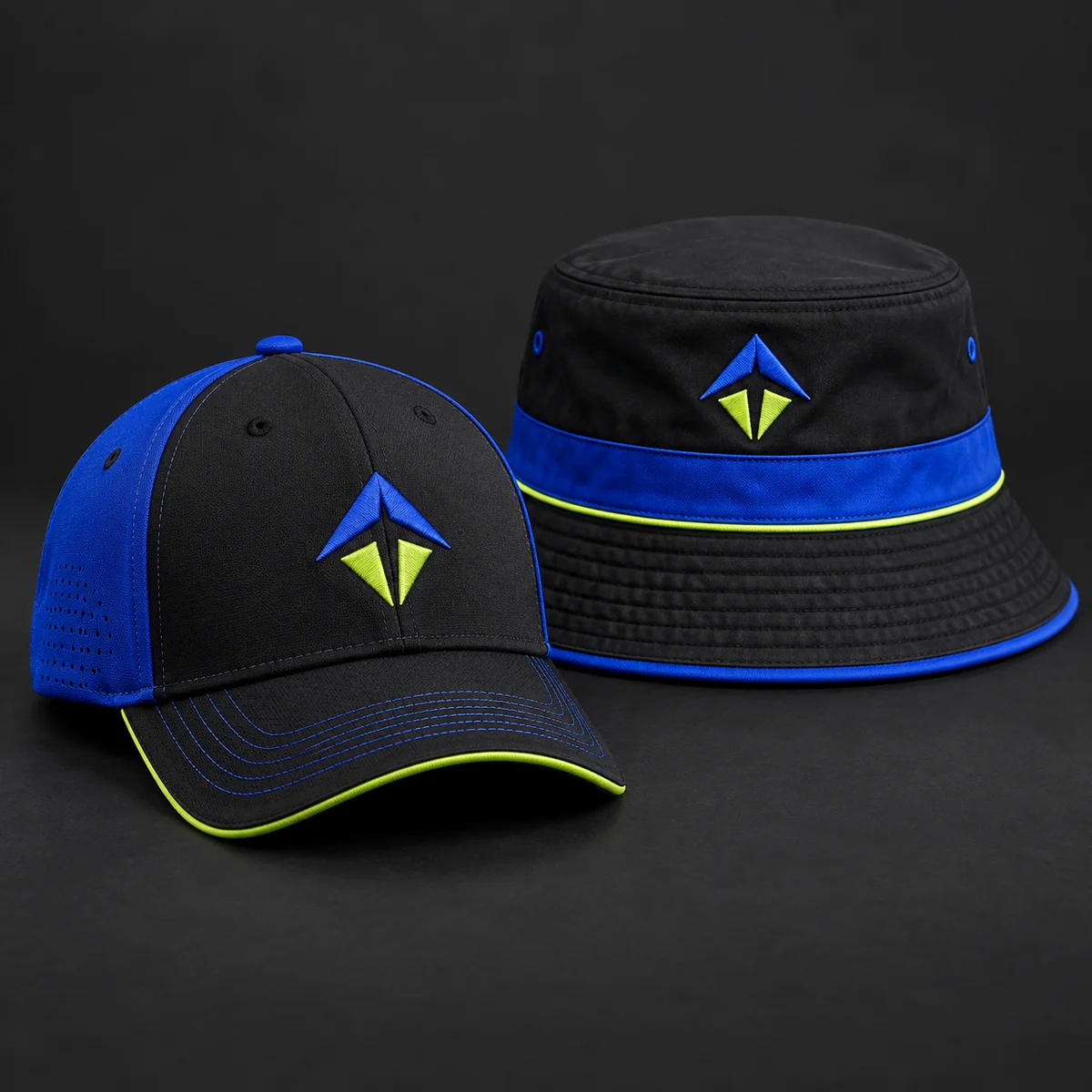 Black, royal blue and volt custom athletic cap and bucket hat with team branding.