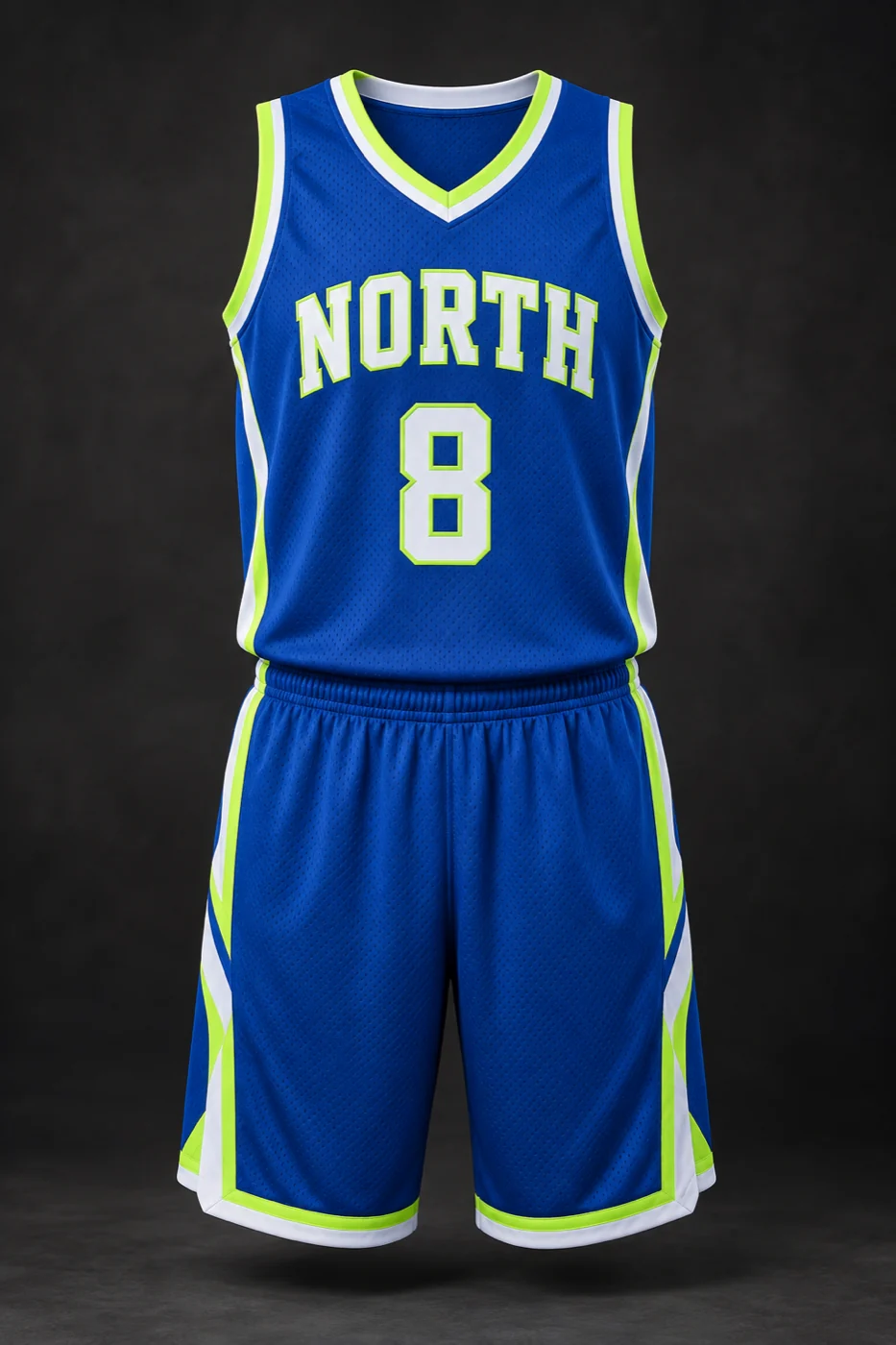 Royal blue, white and volt custom basketball jersey and shorts with team lettering and player number.
