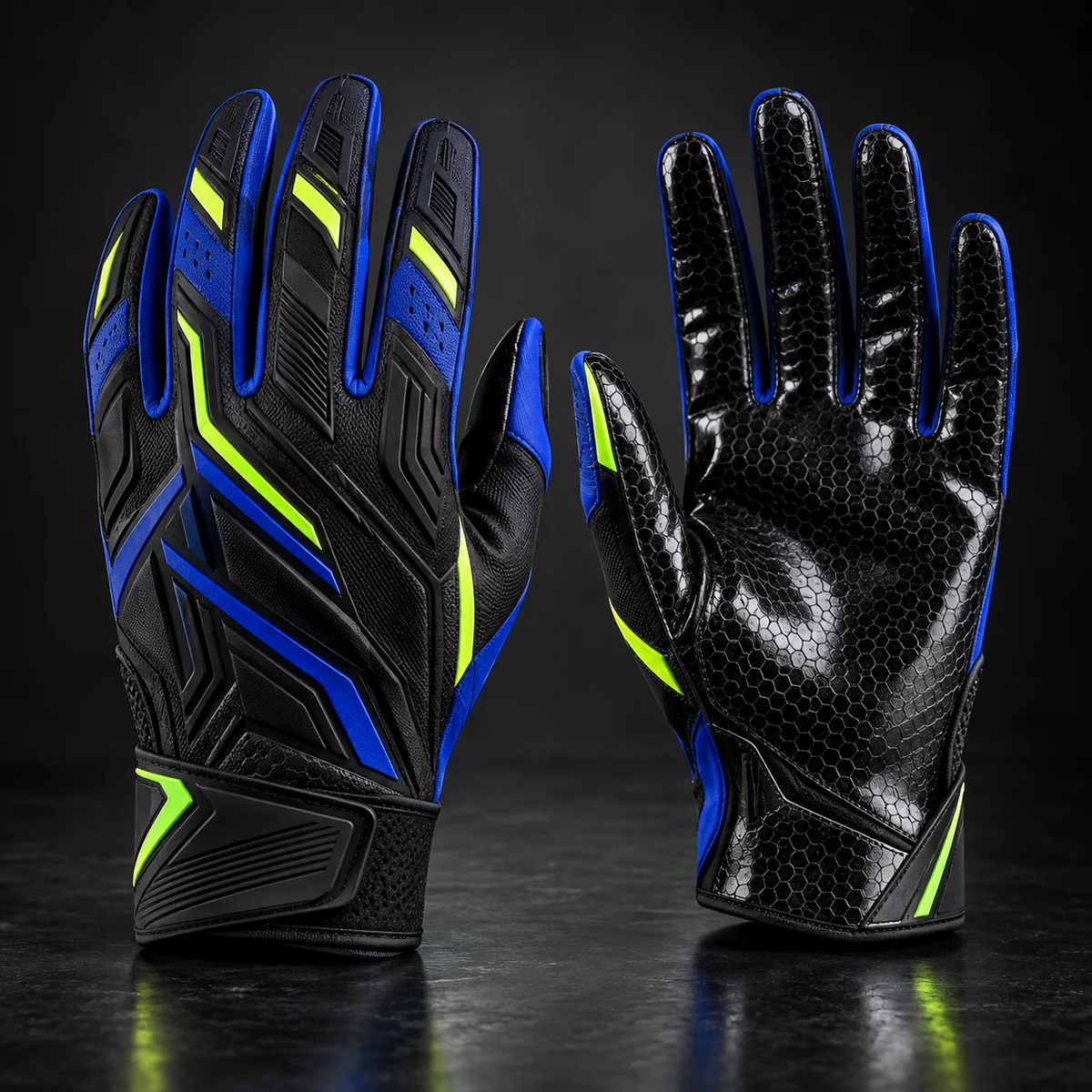 Black, royal blue and volt custom football receiver gloves with grip palm.