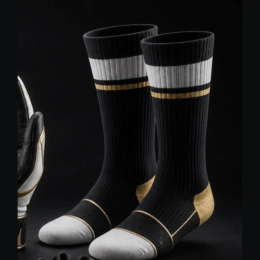 Black, gold and off-white custom softball crew socks.